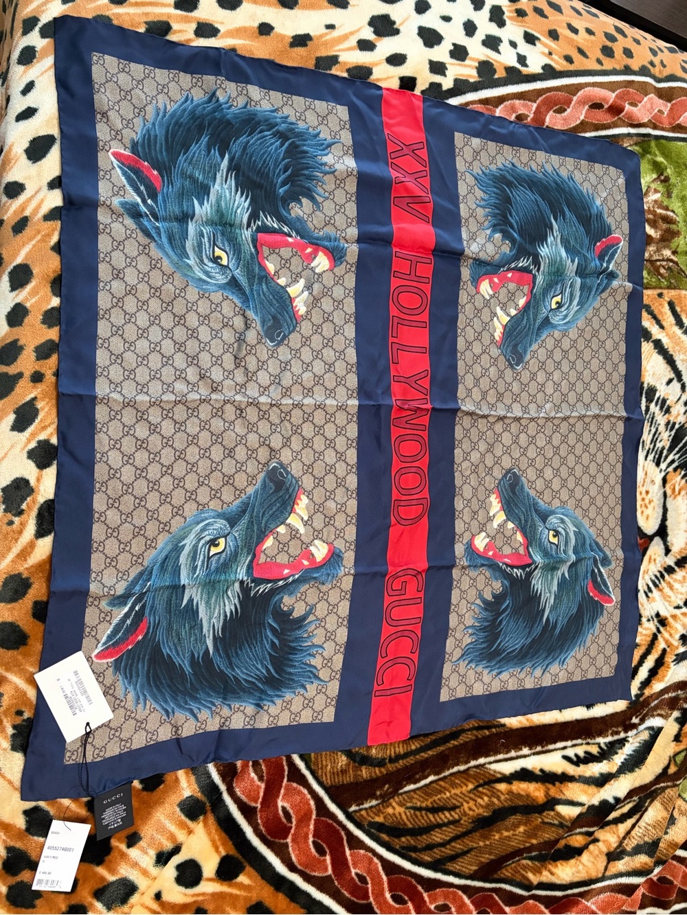 Gucci Navy Blue Wolf Print Silk Scarf with Red Accent